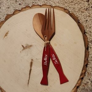 BELIZE Hand Painted Fish Design Wood Fork & Spoon NEW